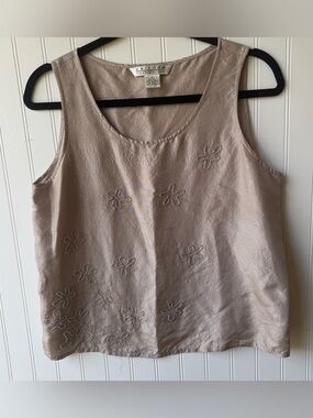 Vintage John Paul Richard 100% Silk Beaded Floral Tank Top Taupe Medium